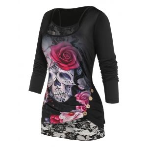 

Plus Size Skull Flower Mock Button T Shirt with Lace Insert Camisole, Black