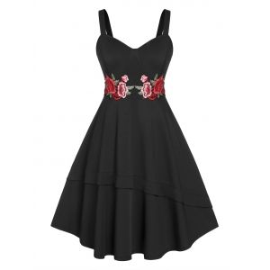 

Plus Size Embroidery Flower High Waist Dress, Black