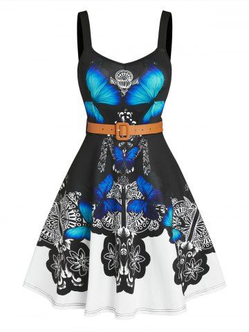 Vestido de impresión de flores de mariposa con cinturón sin mangas - BLACK - M