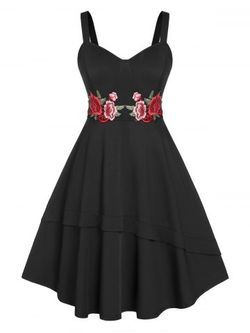Plus Size Embroidery Flower High Waist 50s Midi Dress - BLACK - 5X