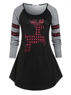 Plus Size Elk Checked Print Raglan Sleeve T Shirt - BLACK - 3X