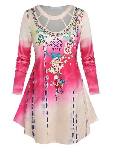 Plus Size Floral Print Ombre Caged Cutout T-shirt - MULTI - L