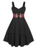 Plus Size Embroidery Flower High Waist 50s Midi Dress -  