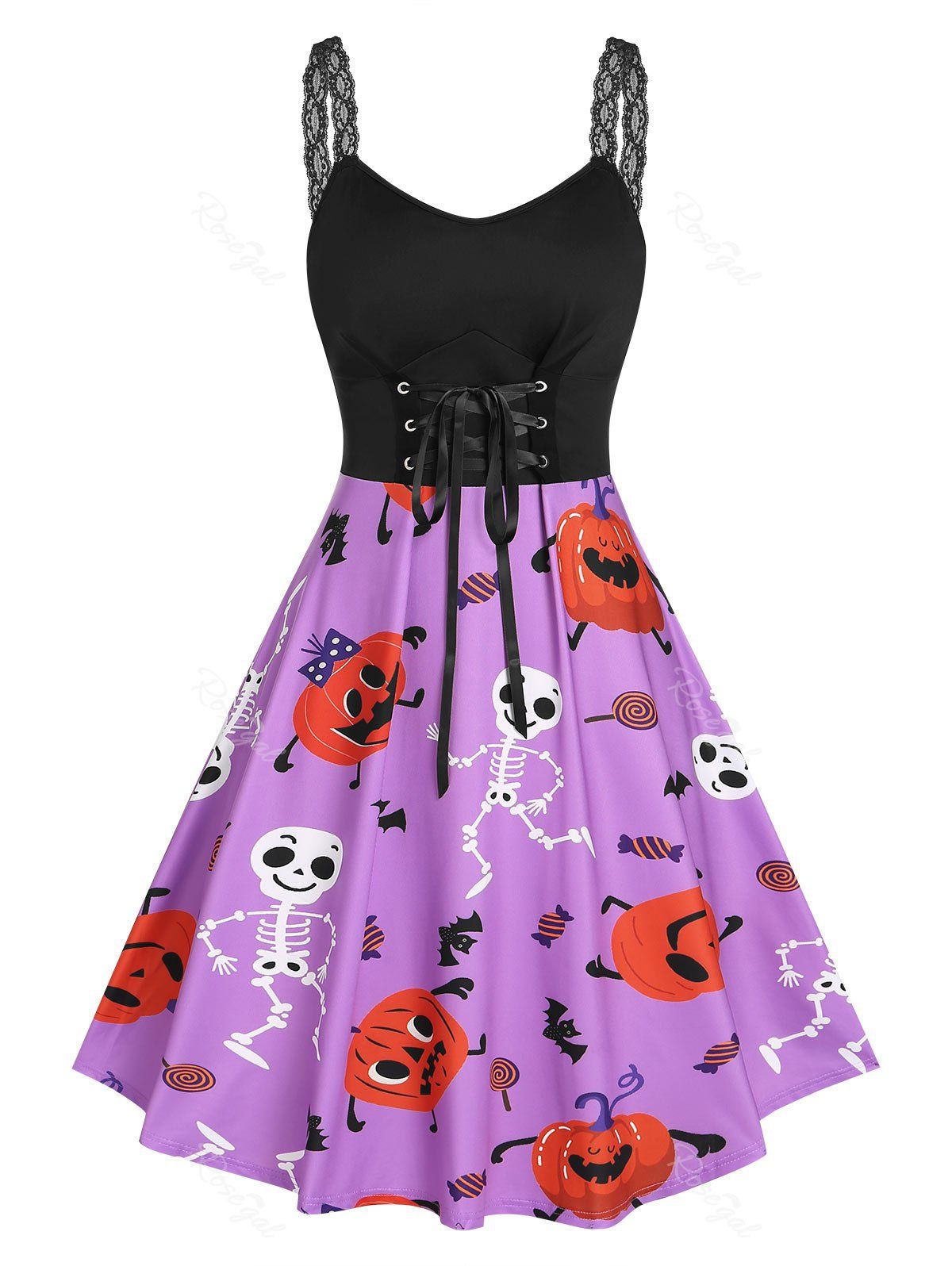 Outfit Plus Size Pumpkin Skeleton Print Lace Up Halloween Dress  