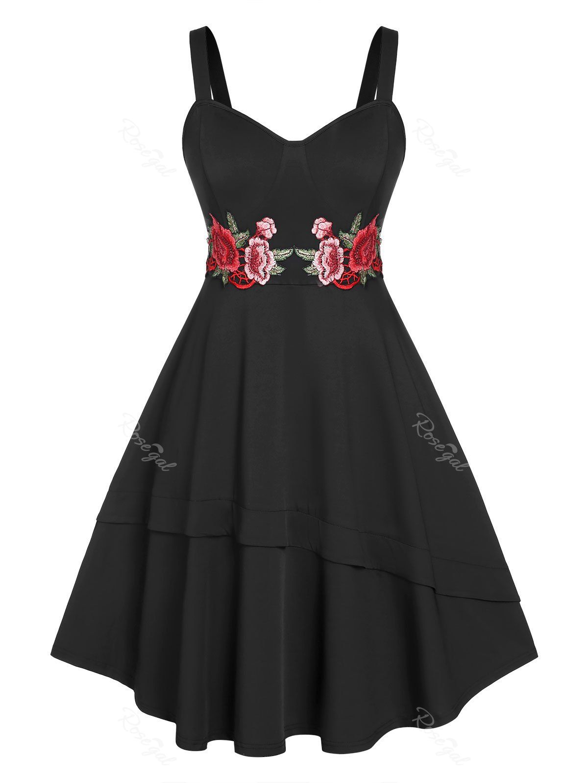 Trendy Plus Size Embroidery Flower High Waist 50s Midi Dress  