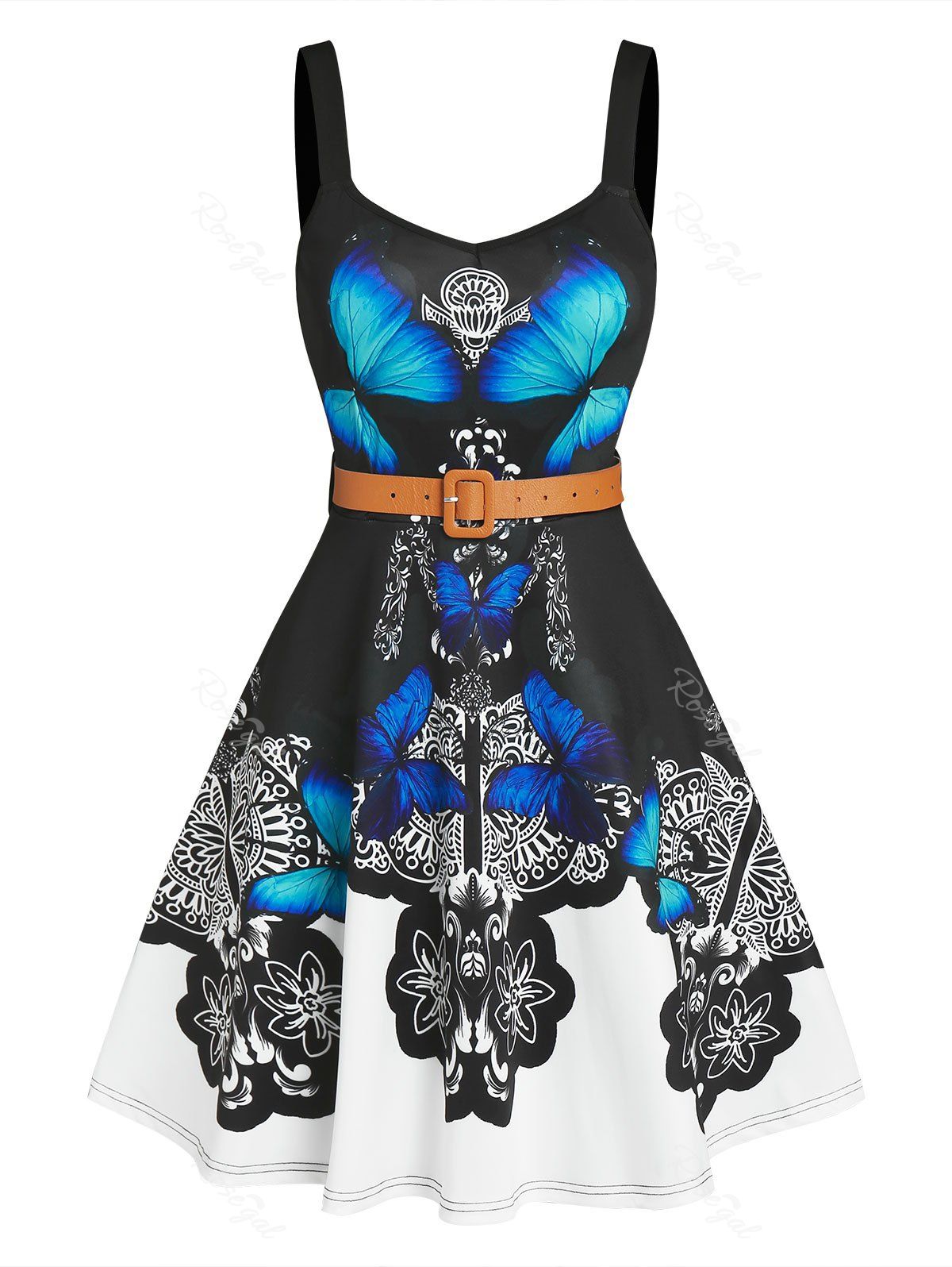 Affordable Sleeveless Belted Butterfly Flowers Print Dress  