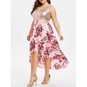 

Plus Size Sequin High Low Floral Print Dress, Orange pink