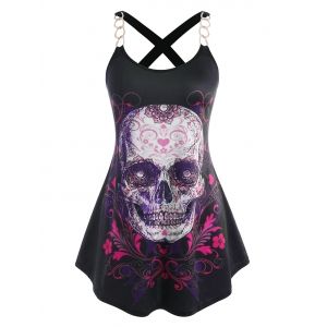 

Plus Size Halloween Skull Flower Chain Cross Tank Top, Black