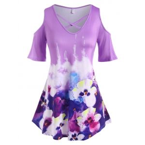 

Plus Size Flower Watercolor Tie Dye Cold Shoulder Tee, Purple