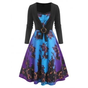 

3D Print Lace Insert Ombre Dress with O Ring T Shirt, Multi