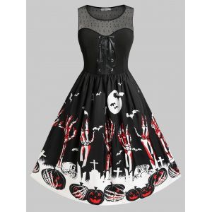 

Plus Size Halloween Skeleton Pumpkin Skulls Dobby Mesh Retro Dress, Black