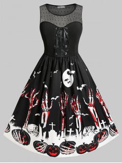 Plus Size Halloween Skeleton Pumpkin Skulls Dobby Mesh Gothic Dress - BLACK - 2X
