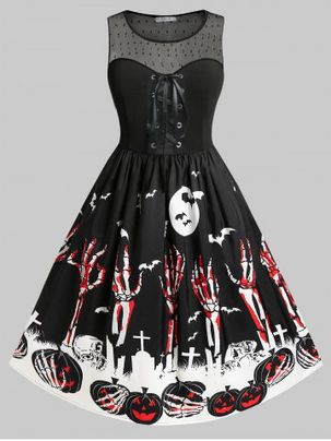 Plus Size Halloween Skeleton Pumpkin Skulls Dobby Mesh Gothic Dress