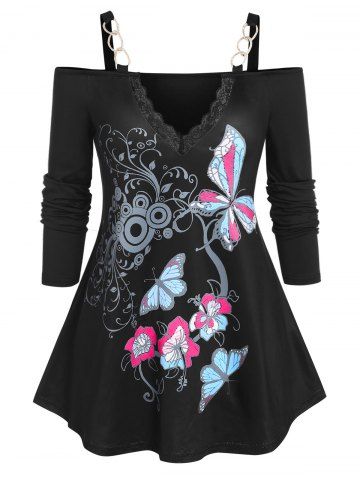 Plus Size Chains Butterfly Print Cold Shoulder Tee - BLACK - L