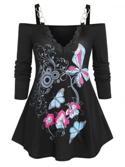 Plus Size Chains Butterfly Print Cold Shoulder Tee - BLACK - 5X