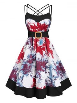Plus Size 50s Style Tie Dye Midi Flare Dress - DEEP RED - 5X