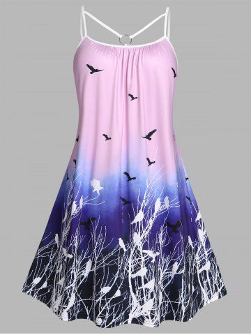 Plus Size Ombre Bird Print O Ring Cutout Dress - LIGHT PURPLE - L