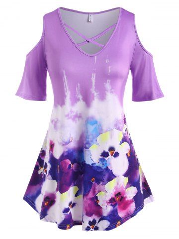 Plus Size Flower Watercolor Tie Dye Cold Shoulder Tee - PURPLE - L