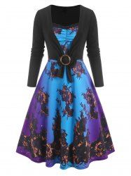 3D Print Lace Insert Ombre Dress with O Ring T Shirt -  