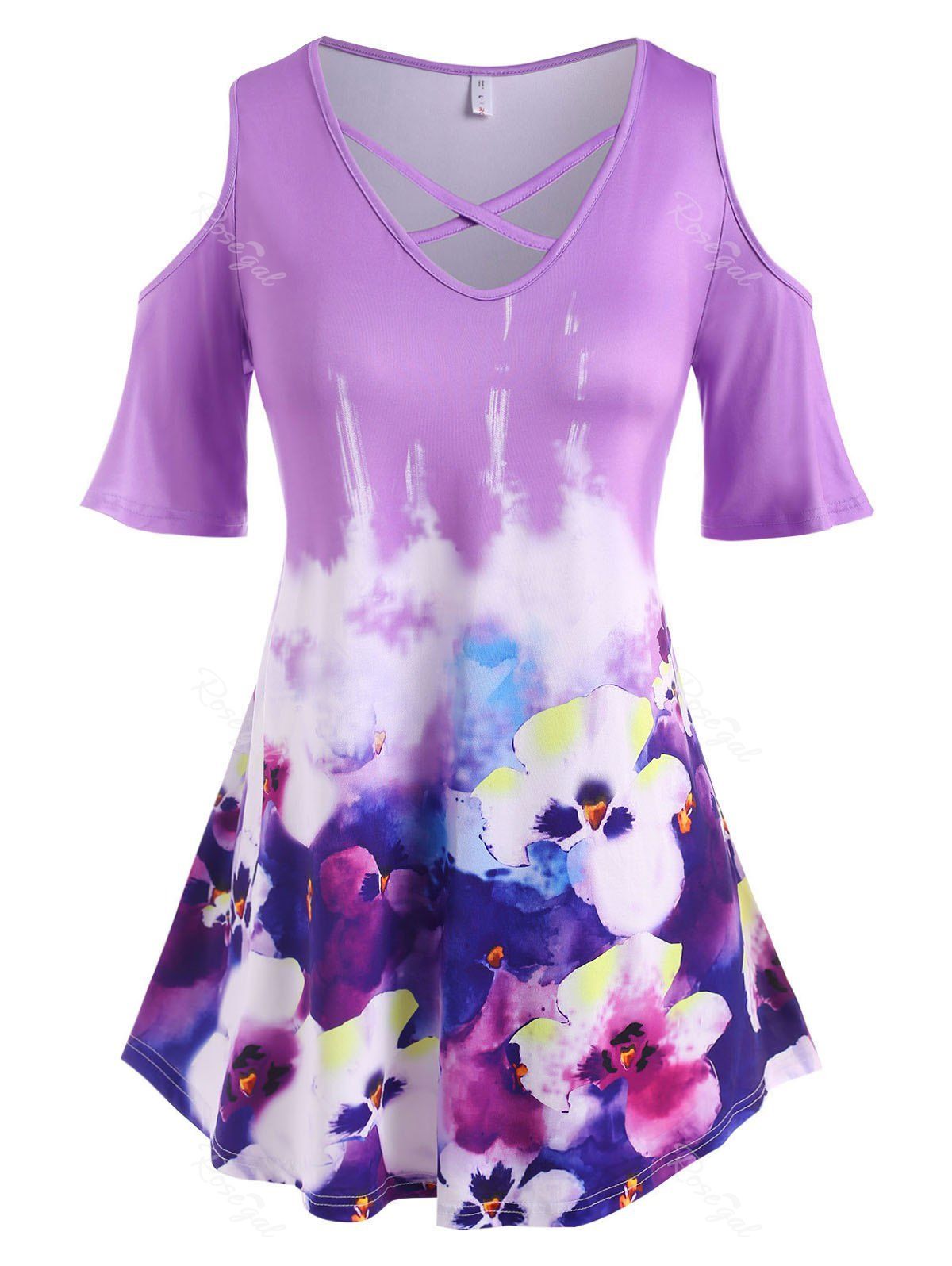 Cheap Plus Size Flower Watercolor Tie Dye Cold Shoulder Tee  