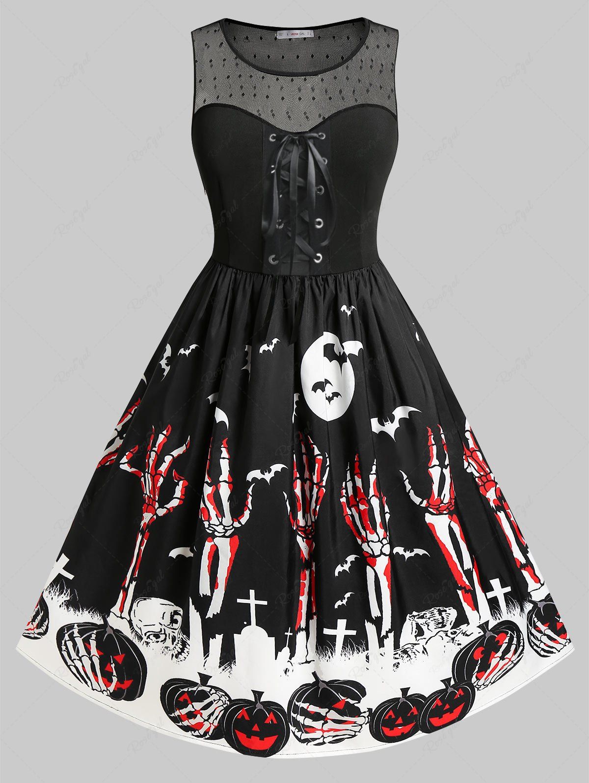 Chic Plus Size Halloween Skeleton Pumpkin Skulls Dobby Mesh Gothic Dress  