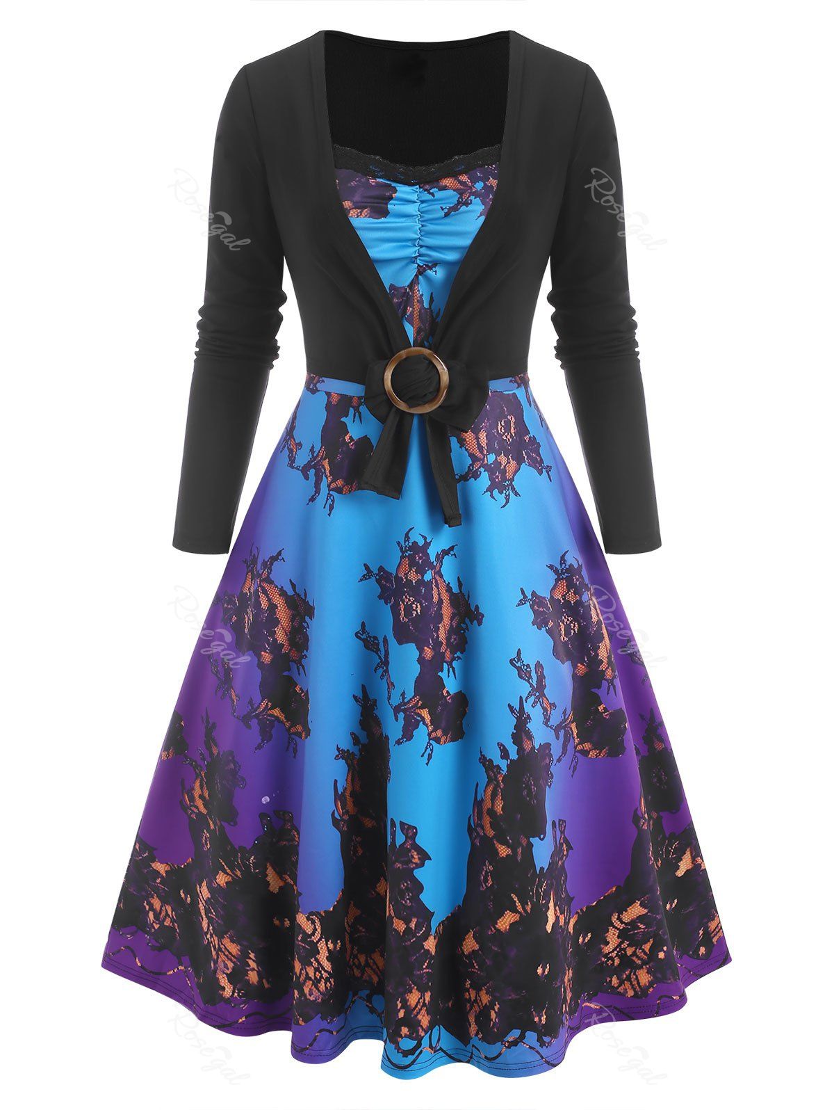 Shops 3D Print Lace Insert Ombre Dress with O Ring T Shirt  