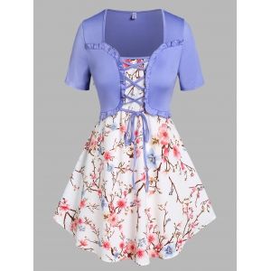 

Plus Size Floral Print Lace-up Twofer T-shirt, Blue