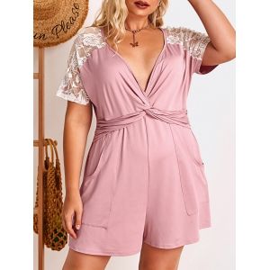 

Plus Size Lace Panel Twist Surplice Pocket Romper, Light pink