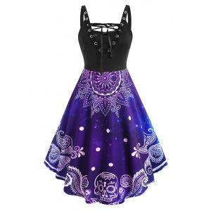 

Lace Up Grommet Skull Paisley Floral Print Dress, Purple