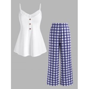 

Plus Size Pajama Lace Trim Cami Top and Plaid Pants Set, Blue