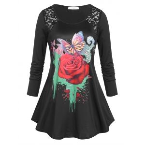 

Plus Size Rose Butterfly Print Graphic Tunic T-shirt, Black