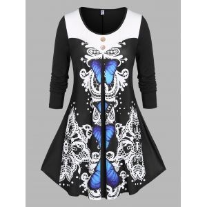 

Plus Size Butterfly Print Skirted Long Sleeve Tee, Black