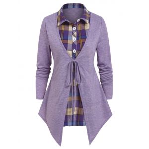 

Plaid Print Knot Front Faux Twinset T-shirt, Light purple