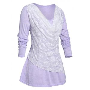 

Plus Size Lace Overlay Cowl Front T-shirt, Mauve