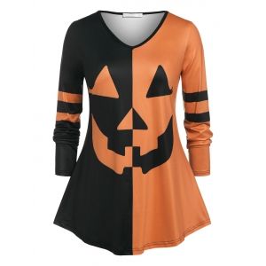 

Plus Size Colorblock Pumpkin Face Print Halloween Tee, Multi