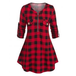 

Plus Size Plaid Roll Tab Sleeve Zipper Tunic Tee, Red