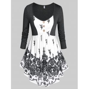 

Plus Size Retro Print Jersey Skirted Long Sleeve Tee, Black