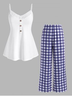 Plus Size Pajama Lace Trim Cami Top and Plaid Pants Set - BLUE - 1X