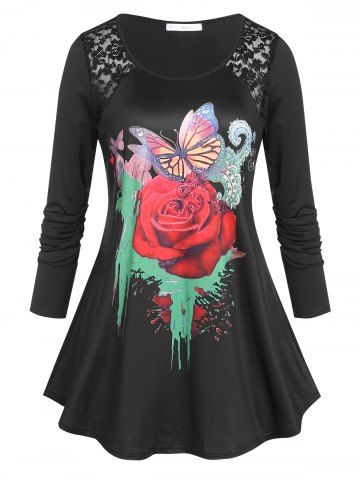 T-shirt Tunique à Imprimé Rose et Papillon Grande Taille - BLACK - 4X