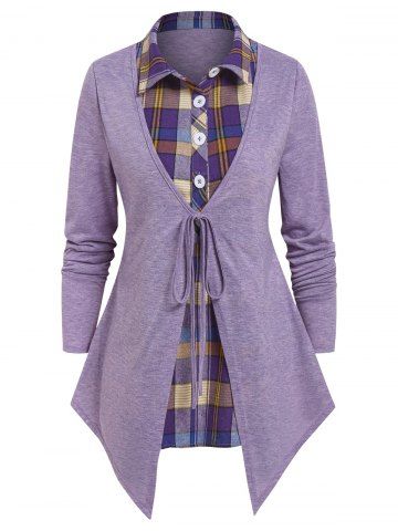 Plaid Print Knot Front Faux Twinset T-shirt - LIGHT PURPLE - XL