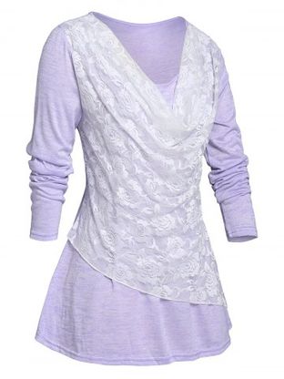 Plus Size Lace Overlay Cowl Front T-shirt