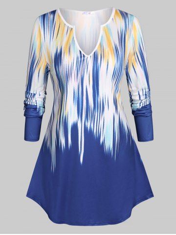 Notched Collar Abstract Print Plus Size Top - BLUE - 3X
