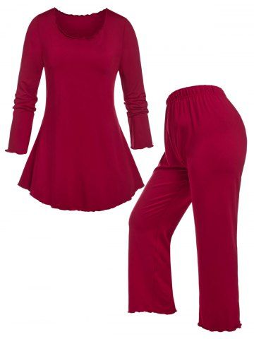 Plus Size Lettuce Jersey PJ Long Sleeve T-shirt and Pants Set - DEEP RED - L