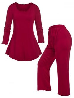 Plus Size Lettuce Jersey PJ Long Sleeve T-shirt and Pants Set - DEEP RED - 4X