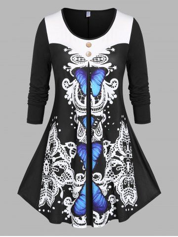 Plus Size Butterfly Print Skirted Long Sleeve Tee - BLACK - L