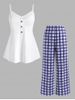 Plus Size Pajama Lace Trim Cami Top and Plaid Pants Set -  