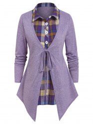Plaid Print Knot Front Faux Twinset T-shirt -  
