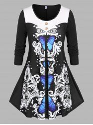 Plus Size Butterfly Print Skirted Long Sleeve Tee -  