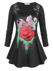 Plus Size Rose Butterfly Print Graphic Tunic T-shirt -  