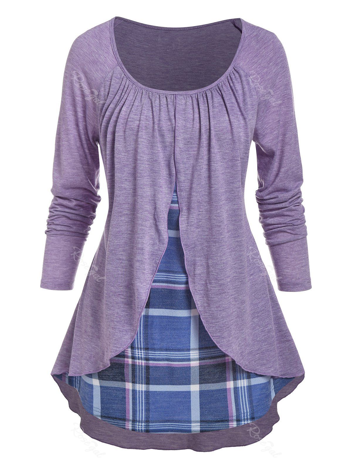 Hot Plaid Print Heathered Overlay Faux Twinset T-shirt  